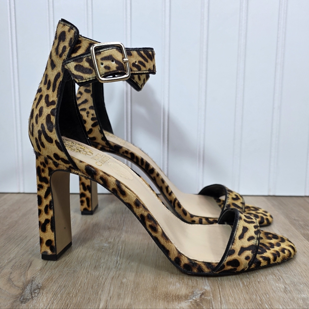 Vince Camuto Leopard Print Cow Fur Ankle Strap Heels 8.5